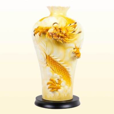 Franz Porcelain Peace And Honor Auspicious Dragon Design Sculptured Porcelain Vase With Wooden Base…