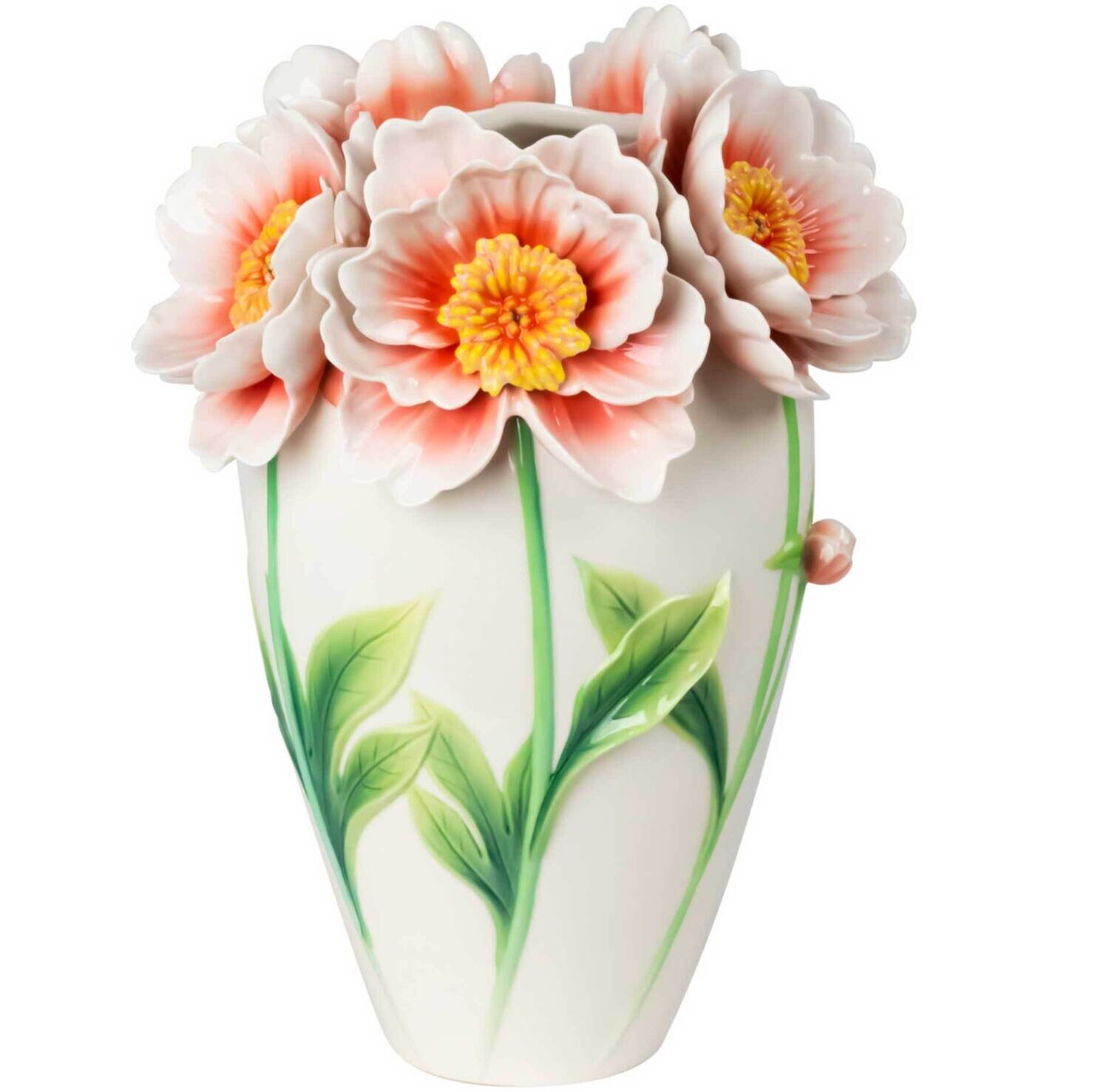 Franz Porcelain Like Minded Companionship Peony Design Sculptured Porcelain Vase FZ03965