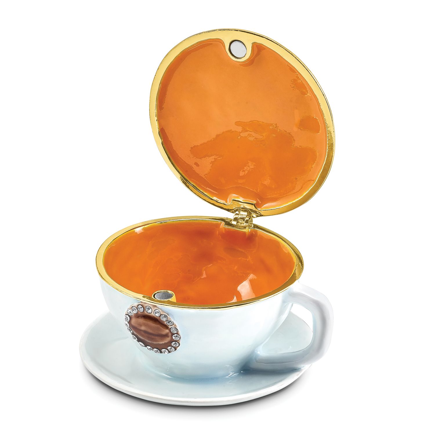 By Jere CAF Coffee Cup Trinket Box with Matching 18 Inch Necklace Pewter Bejeweled Crystals Gold-tone Enameled BJ4149