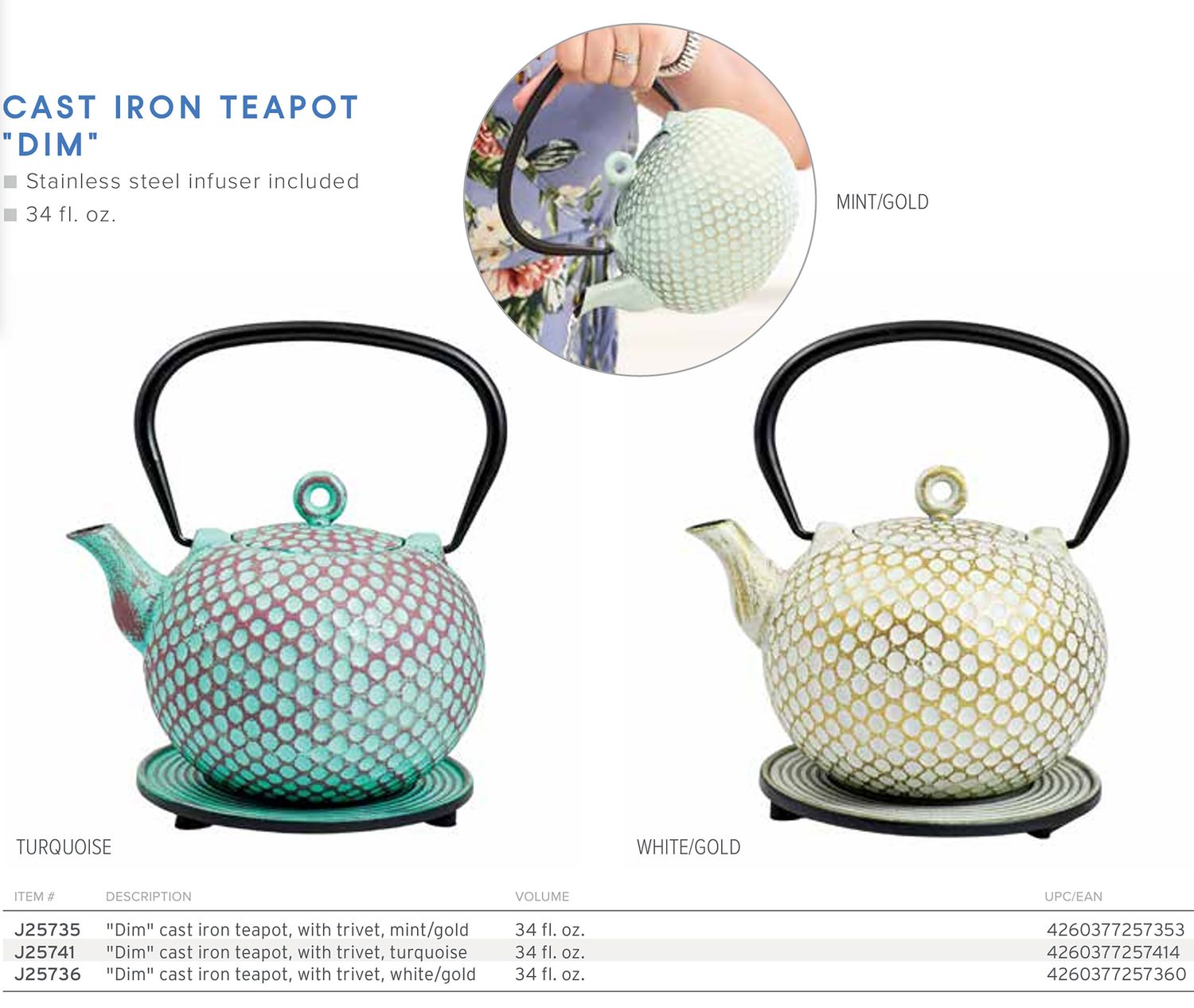 Frieling Dim Cast Iron Teapot with trivet White Gold 34 fl. oz., MPN: J25736, UPC/EAN: 4260377257360