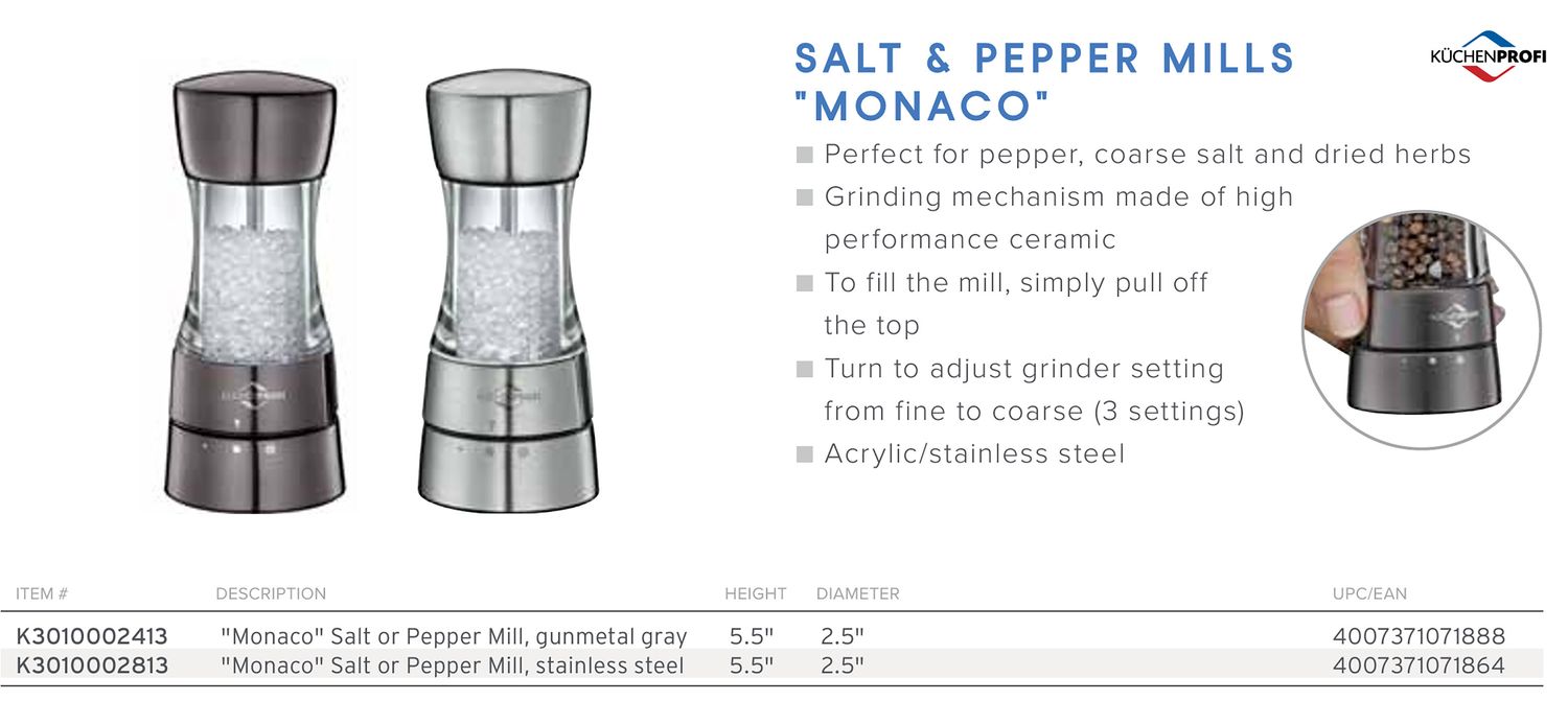 Frieling Monaco Salt or Pepper Mill Stainless Steel 5.5 x 2.5 Inch Diameter, MPN: K3010002813, UPC/…