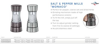 Frieling Monaco Salt or Pepper Mill Stainless Steel 5.5 x 2.5 Inch Diameter, MPN: K3010002813, UPC/…