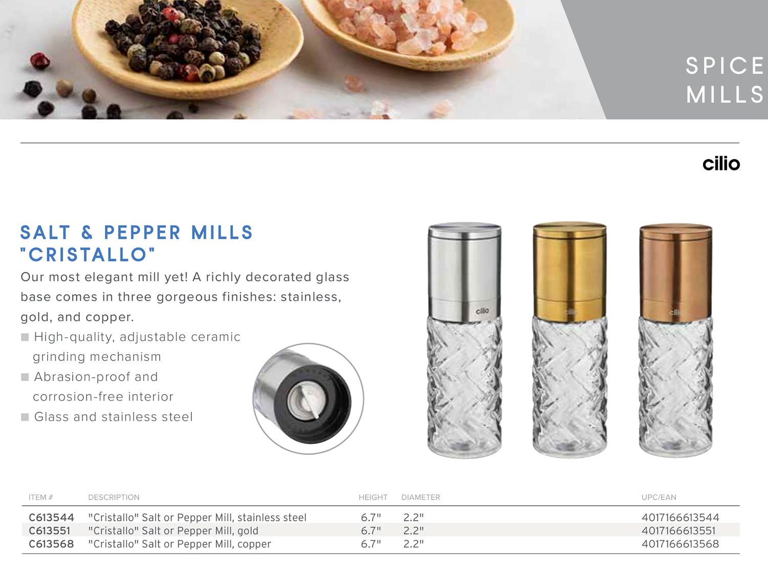 Frieling Cristallo Salt or Pepper Mill Stainless Steel 6.7 Inch H 2 InchDiameter, MPN: C613544, UPC…