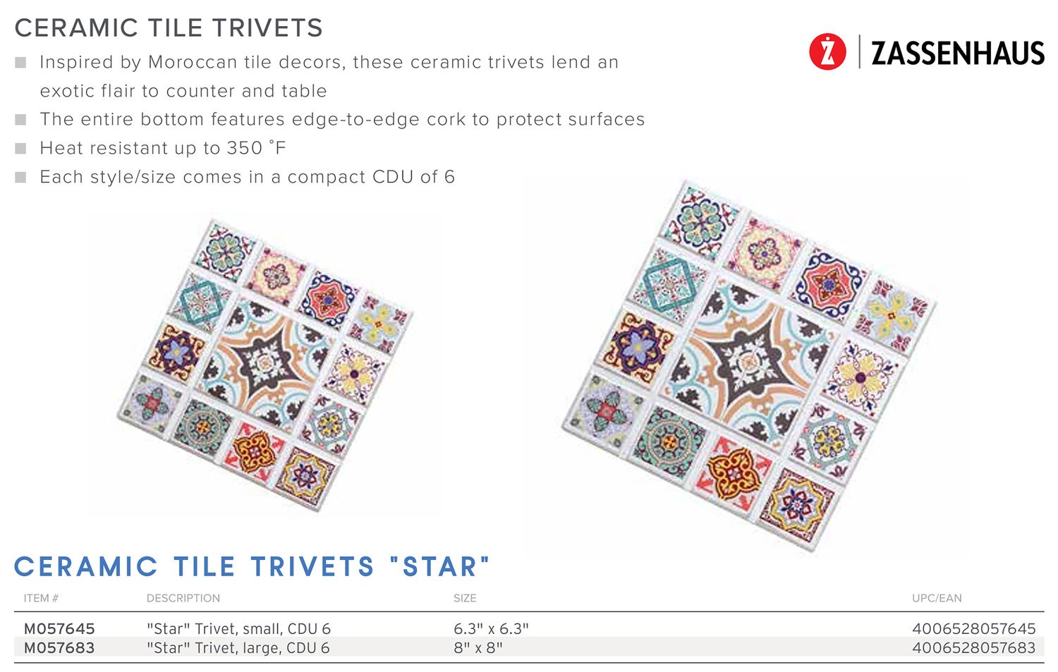 Frieling Agadir Star Ceramic Tile Trivet 6.3 X 6.3 Inch, MPN: M057645, UPC/EAN: 4006528057645