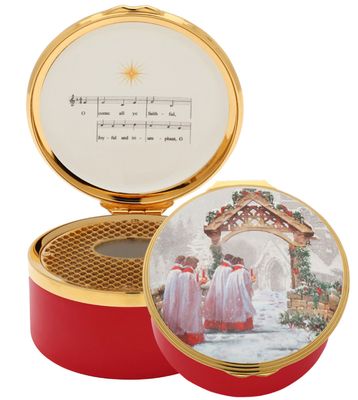 Halcyon Days Christmas Morning &#39;O Come all ye faithful&#39; Musical Enamel Box, MPN: ENCHM0633MG