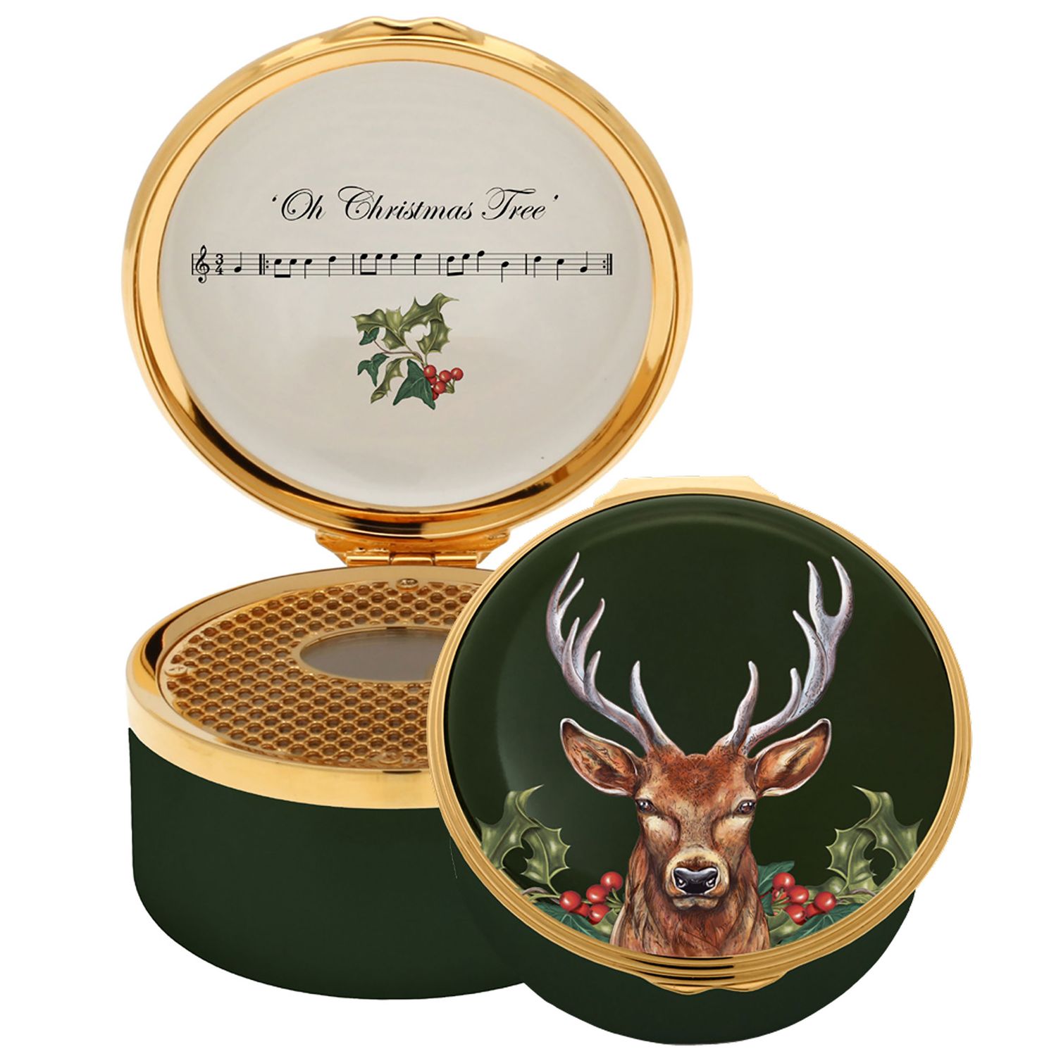 Halcyon Days Woodland Wildlife Stag Oh Christmas Tree Musical Enamel Box, MPN: ENWST0933MG
