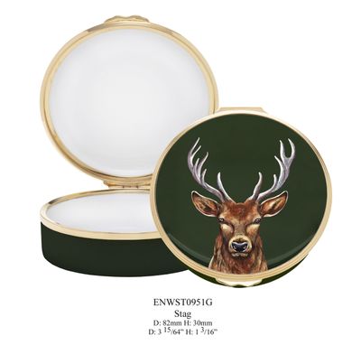 Halcyon Days Woodland Wildlife Stag Round Enamel Box, MPN: ENWST0951G