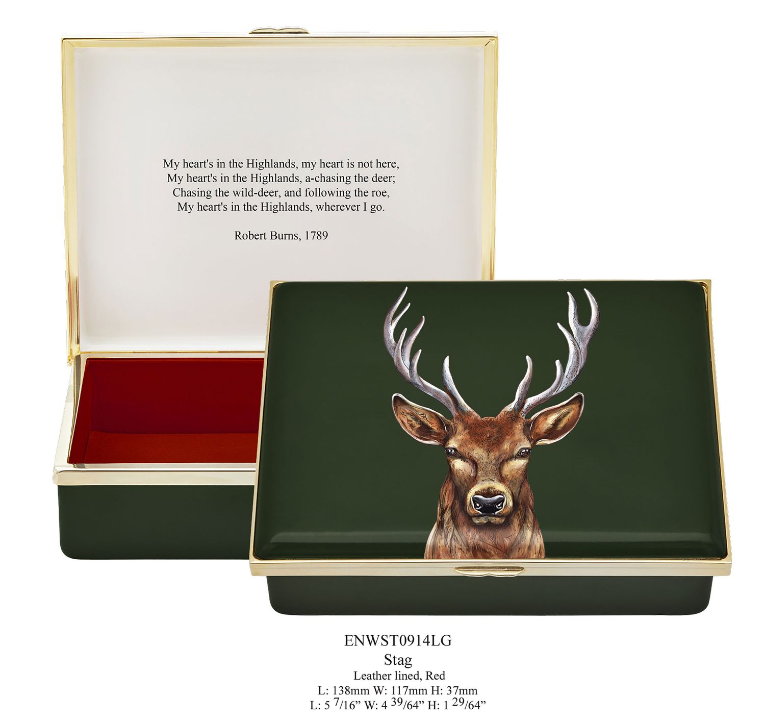 Halcyon Days Woodland Wildlife Stag Leather Lined Red Enamel Box, MPN: ENWST0914LG