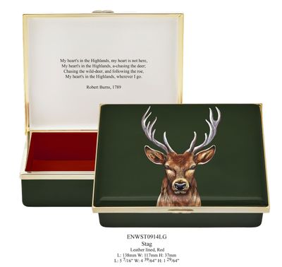 Halcyon Days Woodland Wildlife Stag Leather Lined Red Enamel Box, MPN: ENWST0914LG