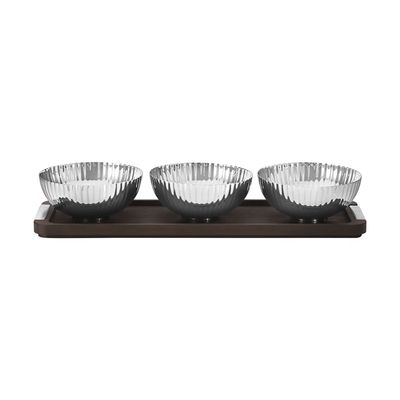 George Jensen Bernadotte Triple Bowl Set In Stand Wood and Stainless Steel 10018216, 5713275085546