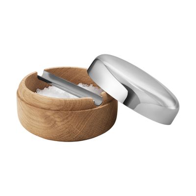 George Jensen Alfredo Salt Jar Stainless Steel Mirror and Oak Wood 10019509, 5713275217381