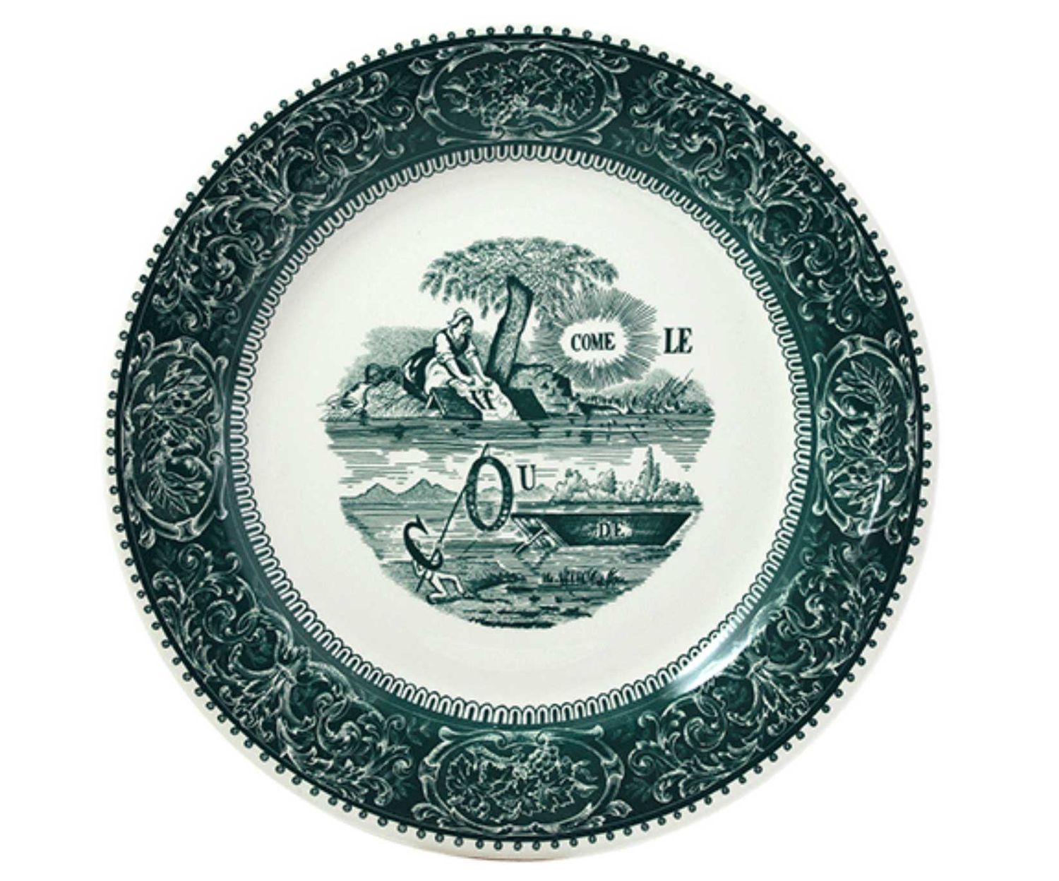 Gien France Les Depareillees Green Dinner Plates Rebus Set of 4, 1841B4M550, 3660838022246