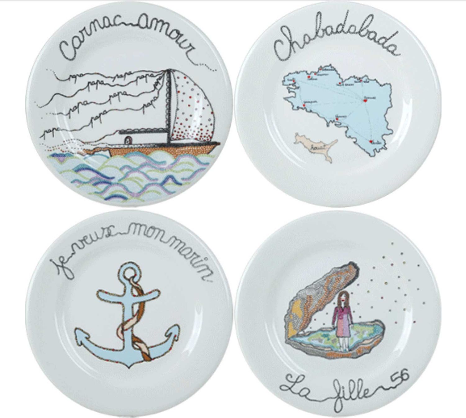 Gien France La Prestic Ouiston Dessert Plates Assorted Set of 4, 1861B4AD50, 3660838029788