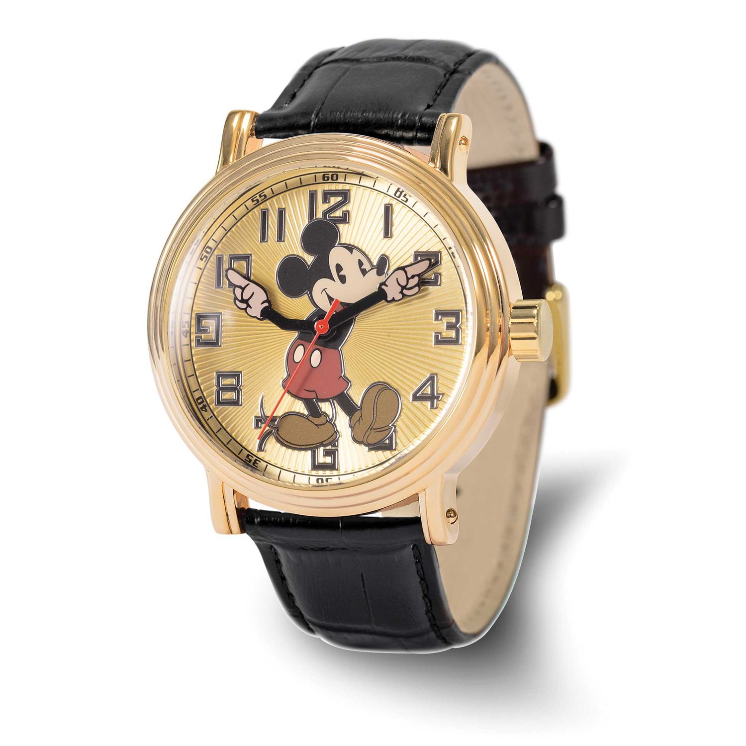 Disney Adult Mickey Mouse Gold-tone with Moving Hands Black Leather Band Watch XWA6772