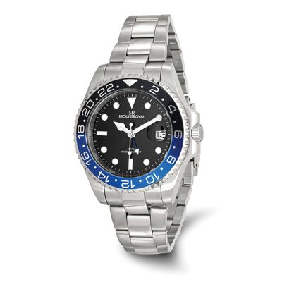 Mens Mountroyal Stainless Steel Black Dial with Black and Blue Bezel Watch XWA6665