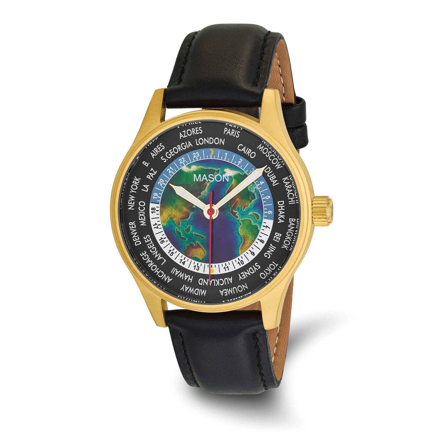 Mason Sales Stainless Steel Yellow IP-plated World Map Dial Leather Band Watch XWA6651