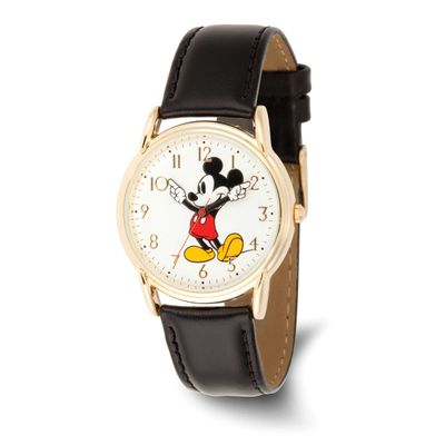 Disney Mickey Mouse Men&#39;s Gold Cardiff Alloy Black Leather Watch XWA6736