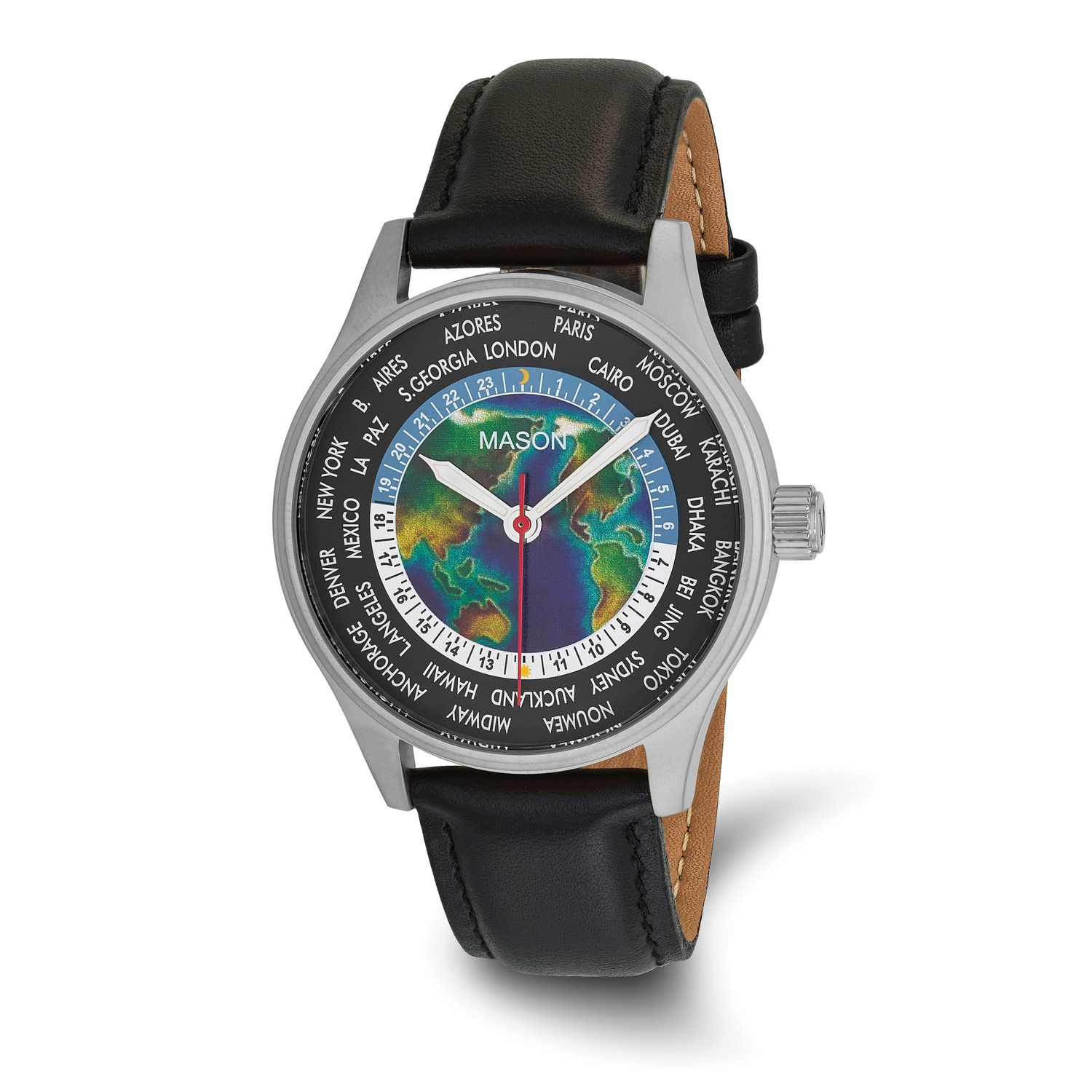 Mason Sales Stainless Steel World Map Black Leather Band Watch XWA6650