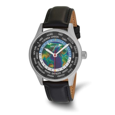 Mason Sales Stainless Steel World Map Black Leather Band Watch XWA6650