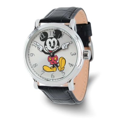Disney Adult Size Mickey Mouse with Moving Arms Black Leather Band Watch XWA6728