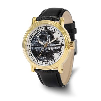 Star Wars Adult Size Death Star Gold-tone Black Leather Band Watch XWA6706