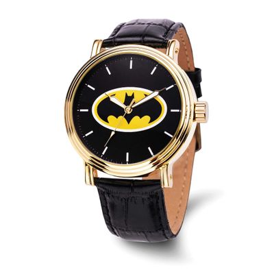 Warner Brothers Adult Size Batman Logo Gold-tone Bezel Black Leather Band Watch XWA6684