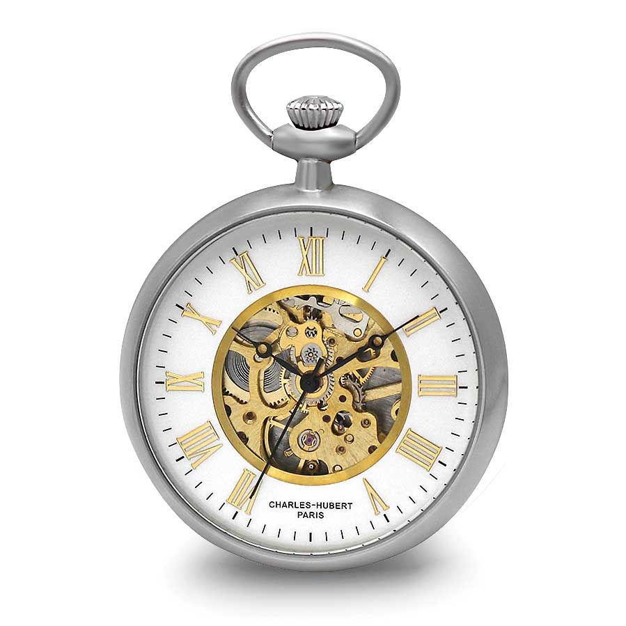 Charles Hubert Stainless Steel Skeleton Dial Pocket Watch XWA6900