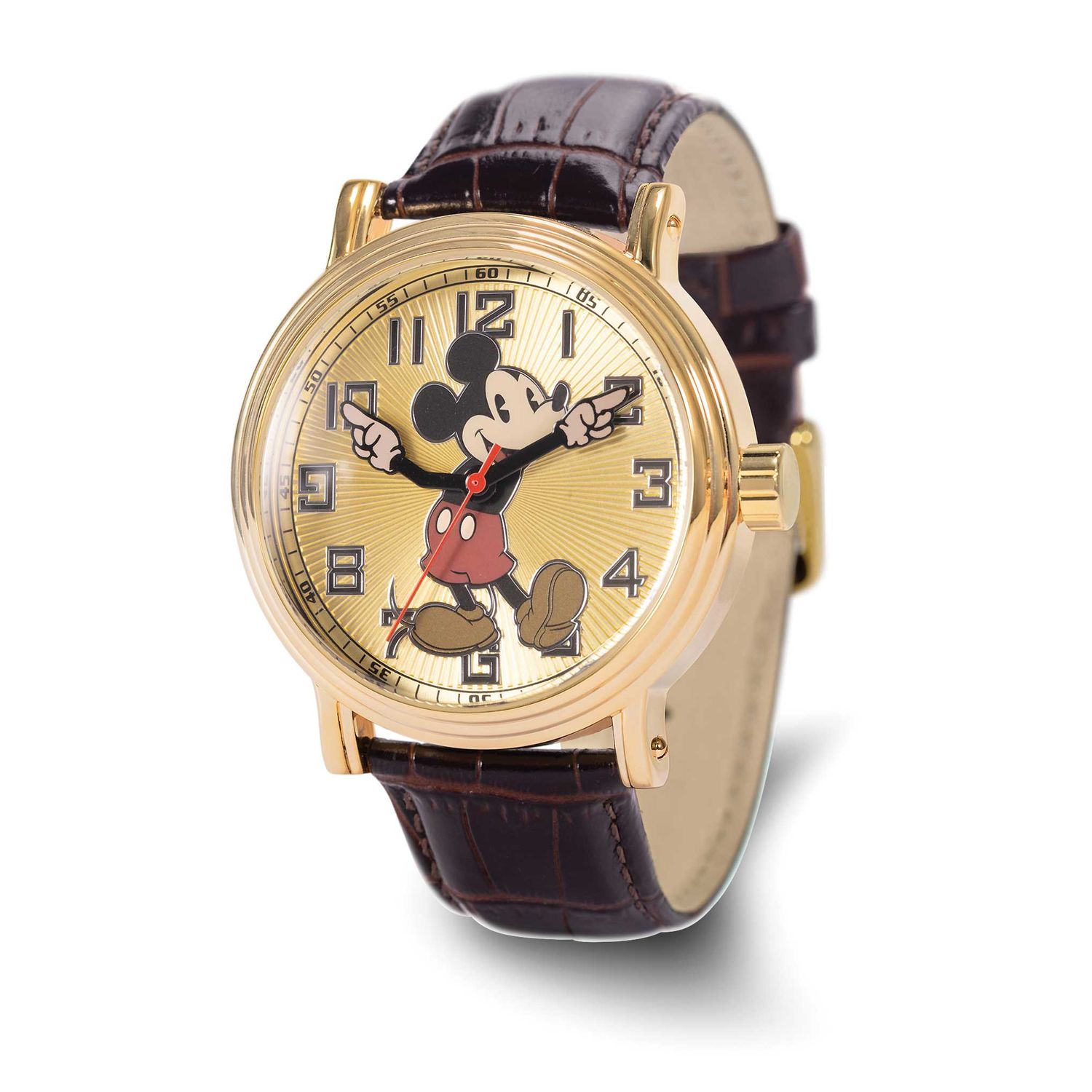 Disney Adult Mickey Mouse Gold-tone with Moving Hands Brown Leather Band Watch XWA6773