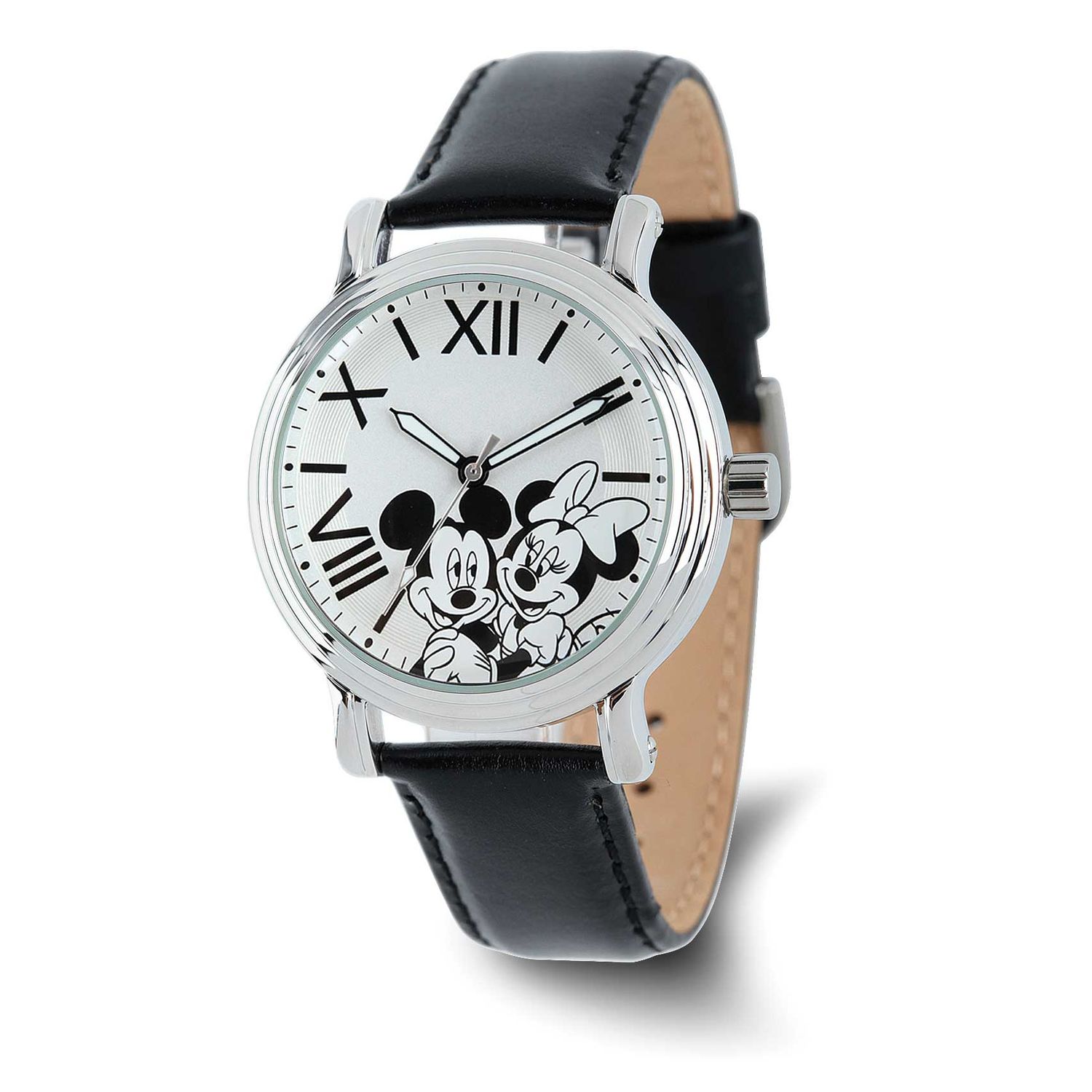 Disney Adult Size Mickey and Minnie Mouse Black Leather Band Watch XWA6739