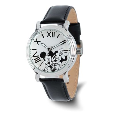 Disney Adult Size Mickey and Minnie Mouse Black Leather Band Watch XWA6739