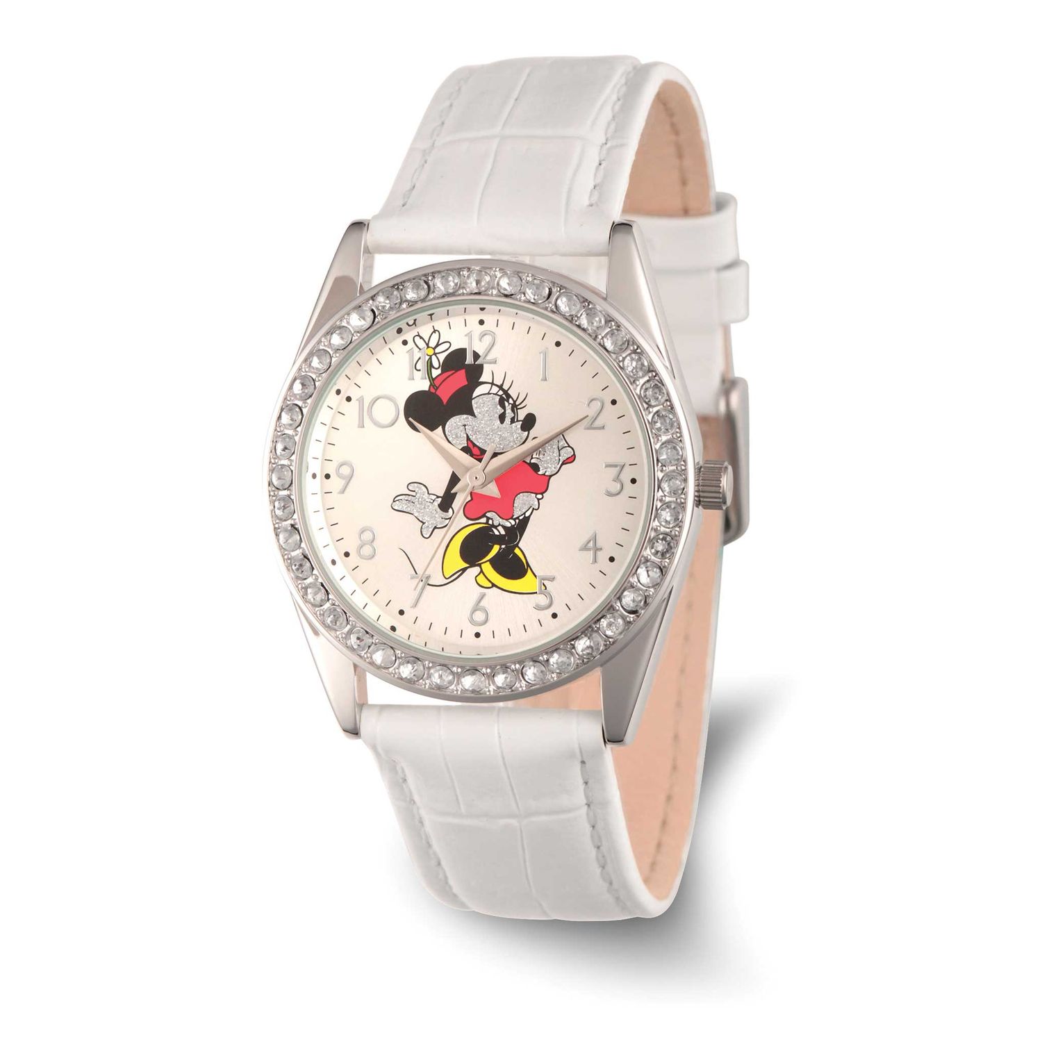 Disney Adult Size Minnie Mouse with Crystals White Leather Band Watch XWA6737