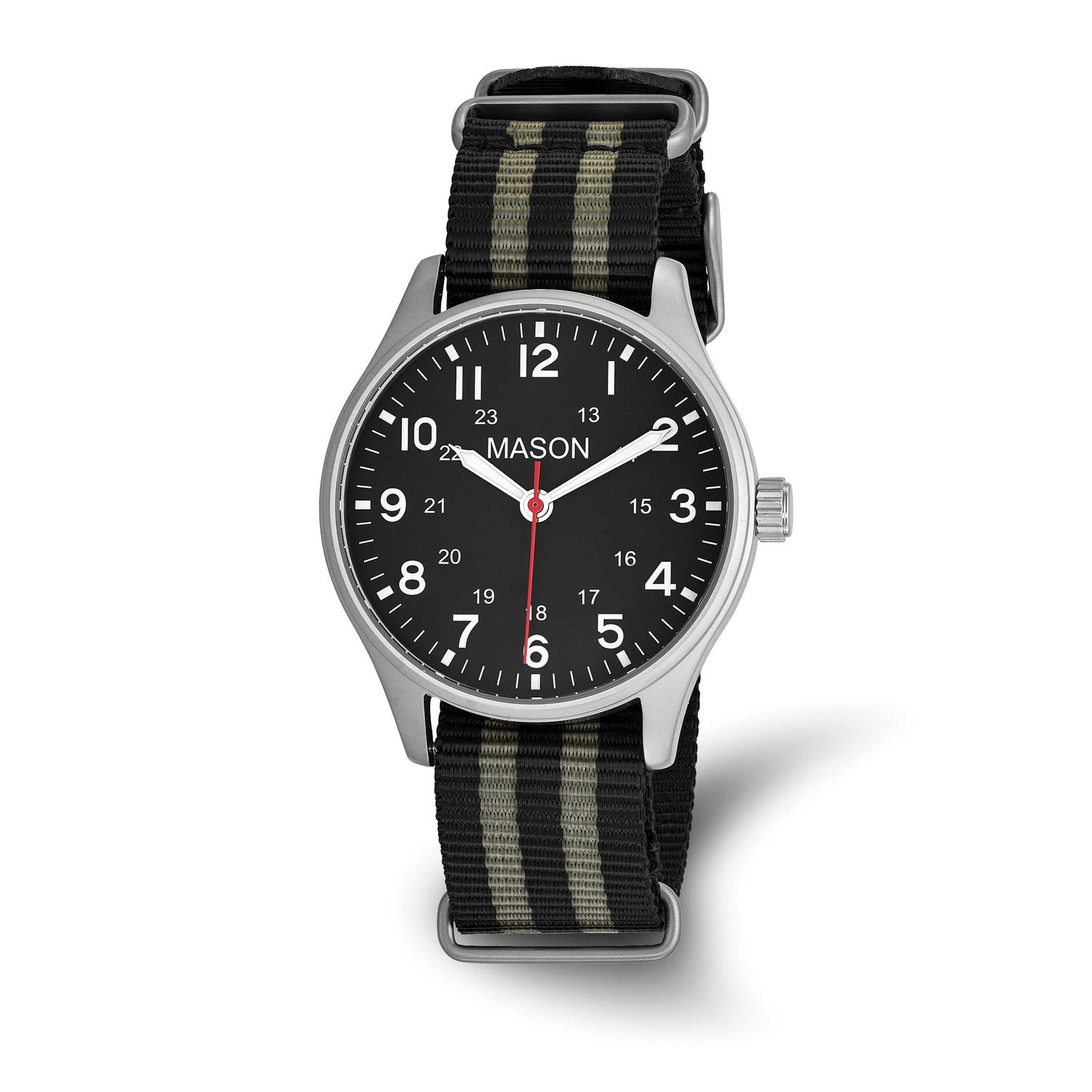 Mason Sales Stainless Steel Black and Grey Striped Nylon Strap Watch XWA6624