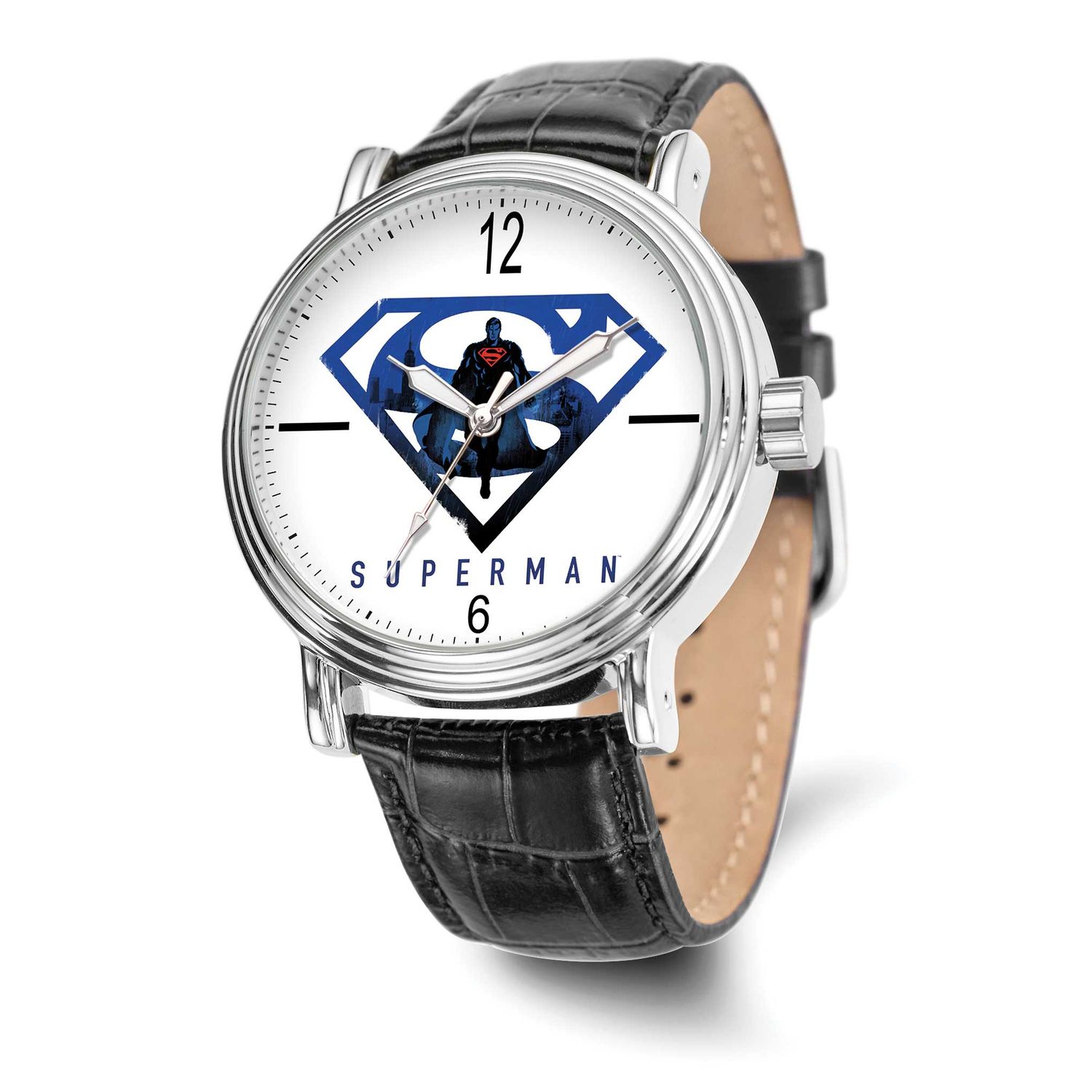 Warner Brothers Adult Size Superman Logo Black Leather Band Watch XWA6681