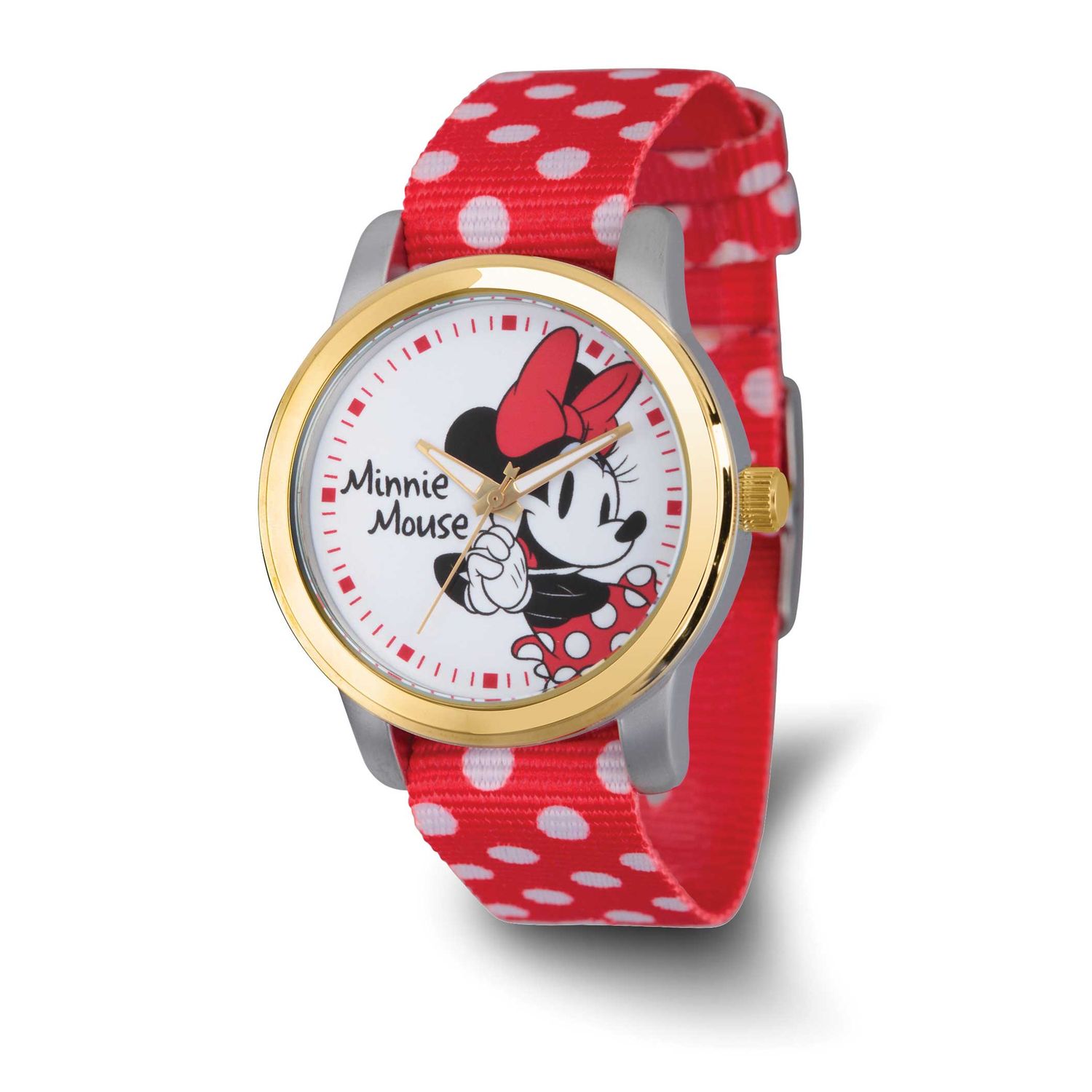 Disney Adult Size Minnie Mouse Red and White Polka Dot Fabric Band Watch XWA6735