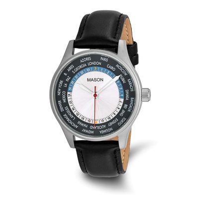 Mason Sales Stainless Steel Military Time Black Leather Band Watch XWA6652
