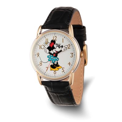 Disney Adult Size Minnie Mouse Gold-tone Black Leather Band Watch XWA6741