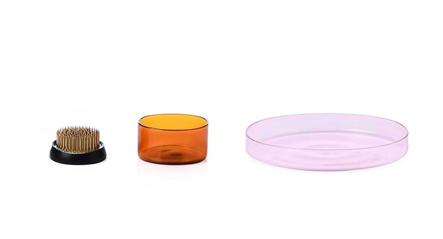 Ichendorf Milano Kenzan Set Amber Tray2.56 in+Light Pink Tray 5.90 in+Brass Flower Frog 1.97 in, MP…