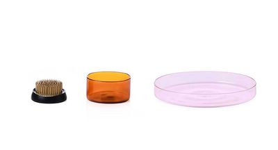 Ichendorf Milano Kenzan Set Amber Tray2.56 in+Light Pink Tray 5.90 in+Brass Flower Frog 1.97 in, MP…