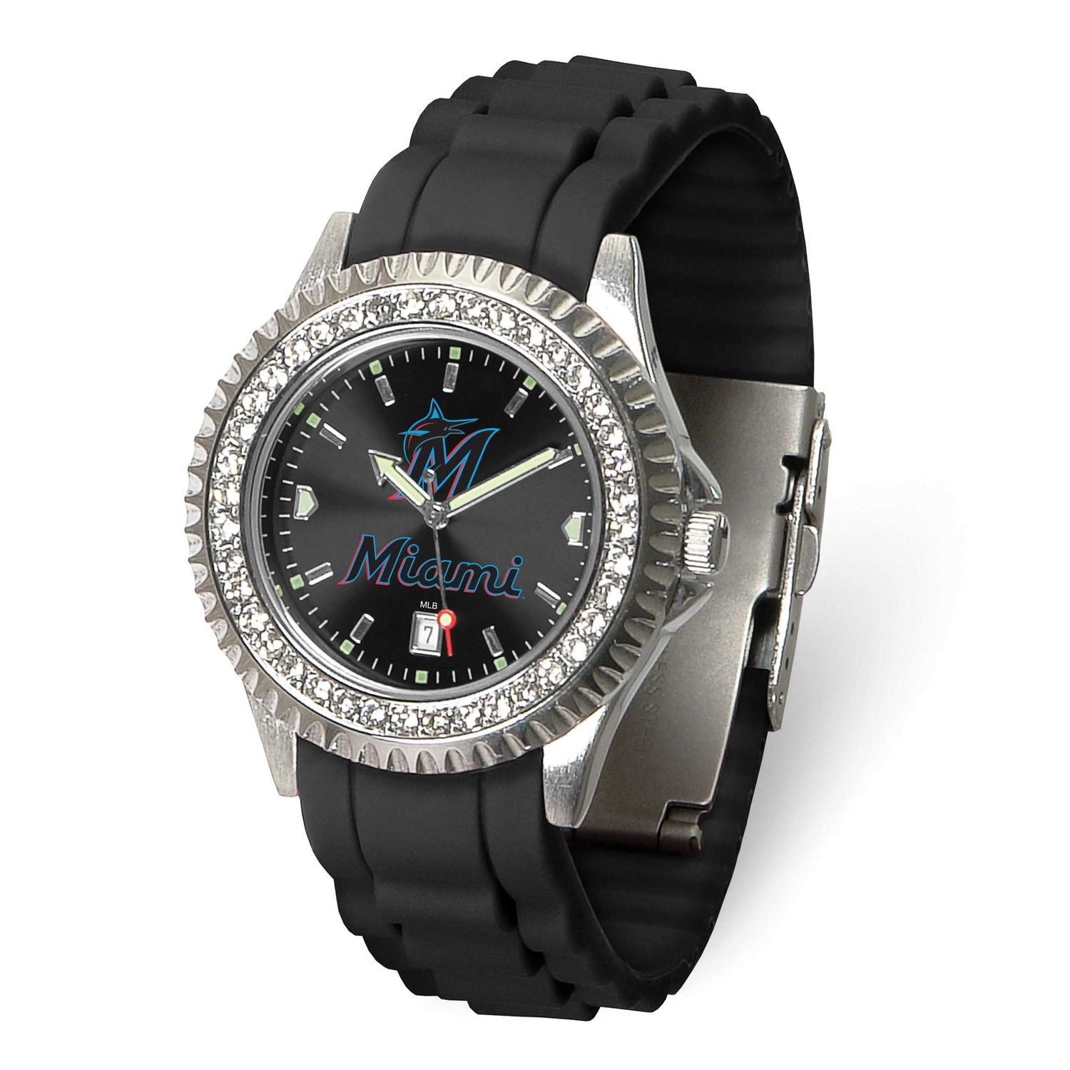 MLB Miami Marlins Ladies Sparkle Crystal Bezel Silicone Strap Quartz Watch with Date Gametime XWL12…