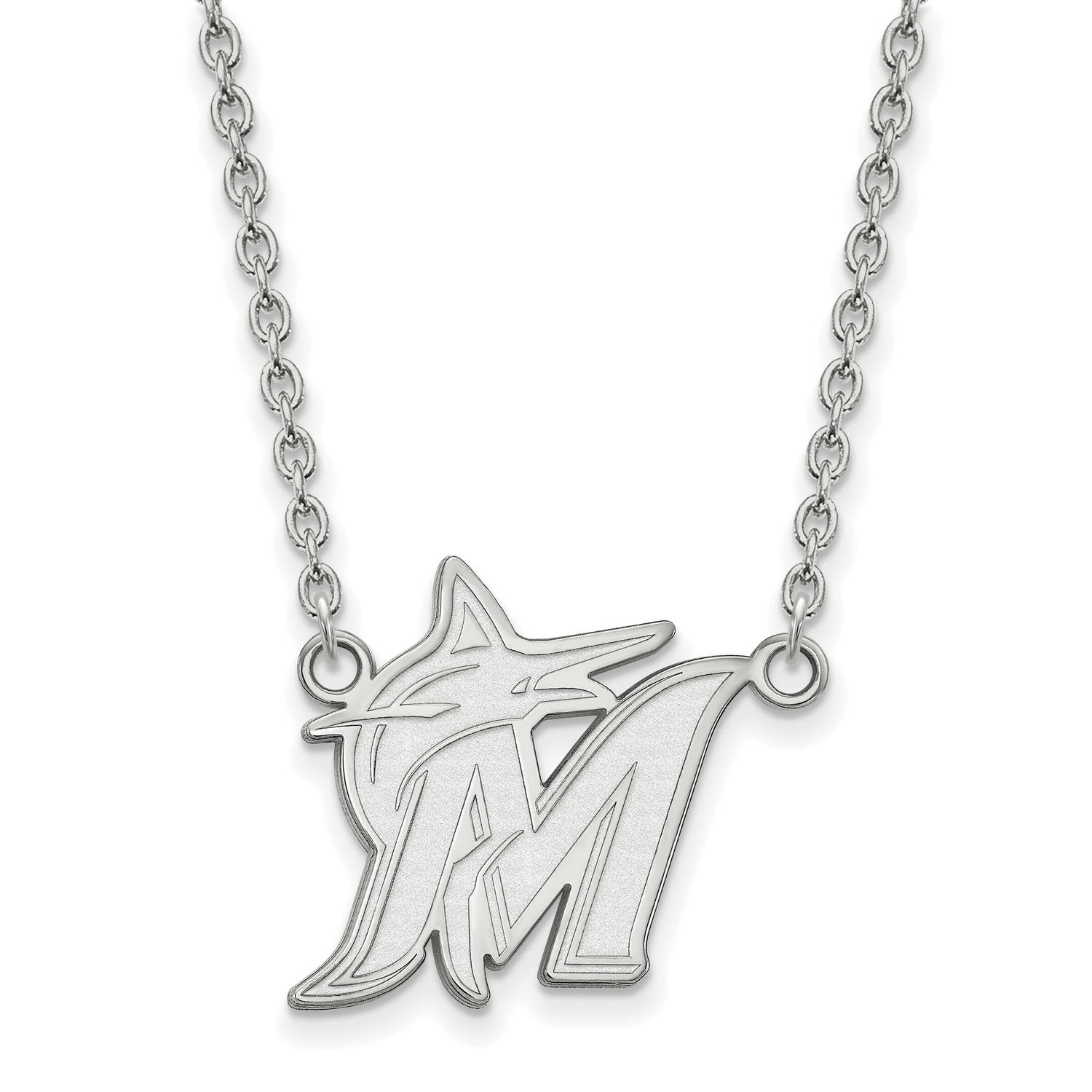 MLB Miami Marlins Letter M And Marlin Large Pendant 18 Inch Necklace 10k White Gold 1W009MIN-18, UP…