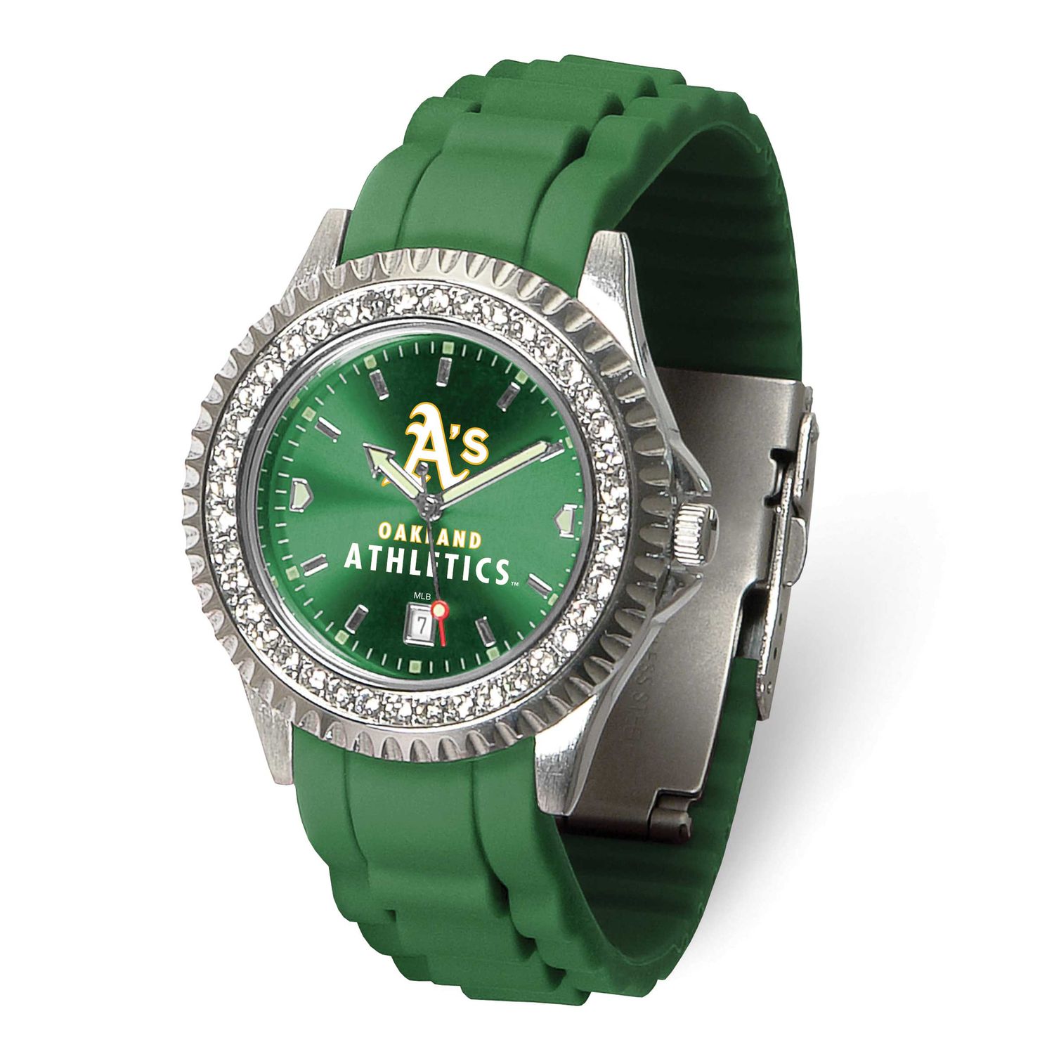 MLB Oakland A&#39;S Ladies Sparkle Crystal Bezel Silicone Strap Quartz Watch with Date Gametime XWL1215…