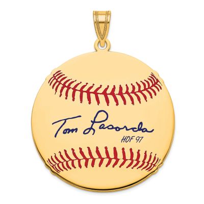 Tom Lasorda Hall of Fame Signature Large Epoxy Baseball Pendant Gold-plated Sterling Silver GPHF02T…