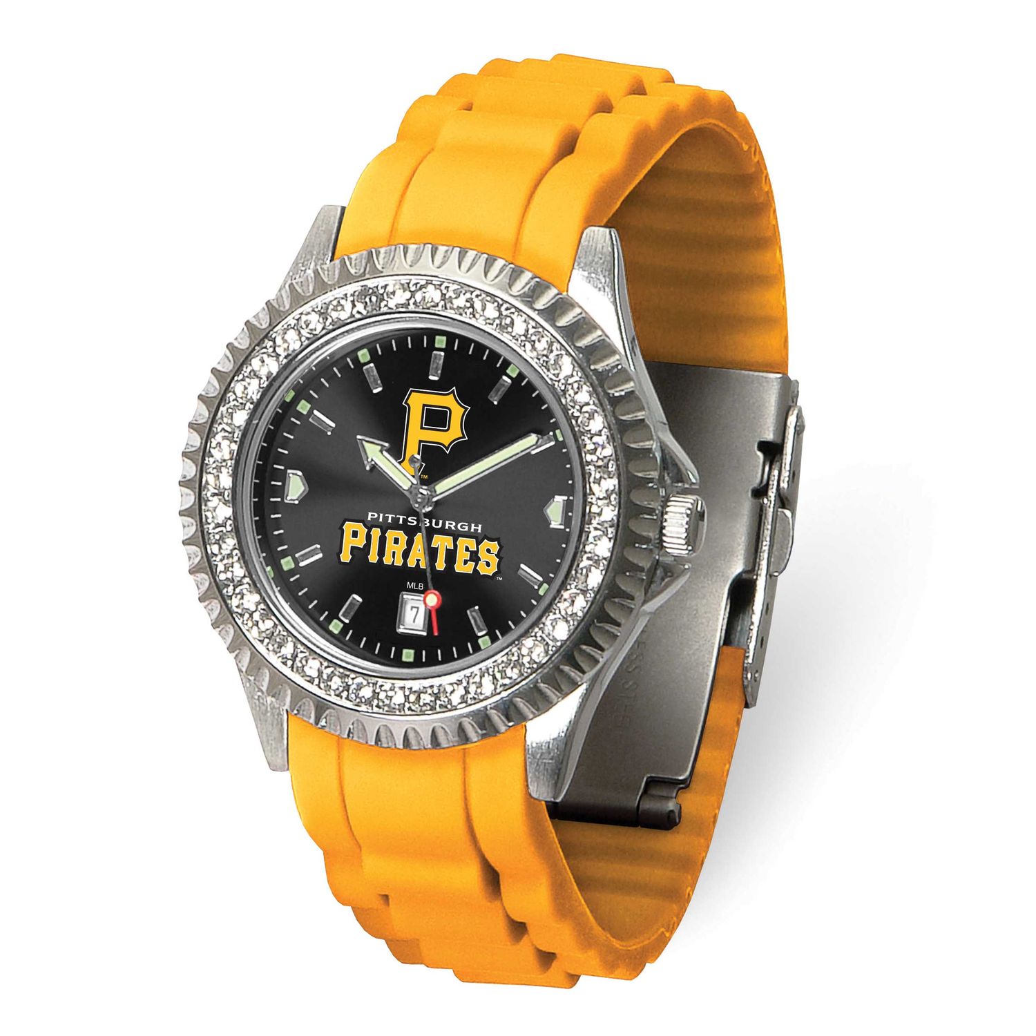MLB Pittsburgh Pirates P Logo Ladies Sparkle Crystal Bezel Silicone Strap Quartz Watch with Date Ga…