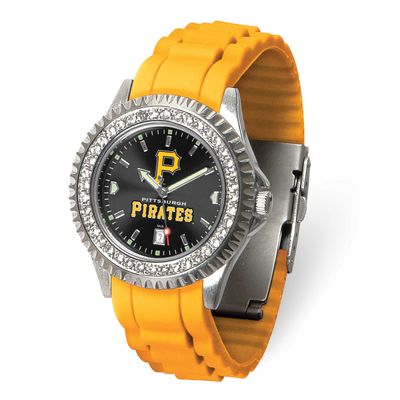 MLB Pittsburgh Pirates P Logo Ladies Sparkle Crystal Bezel Silicone Strap Quartz Watch with Date Ga…