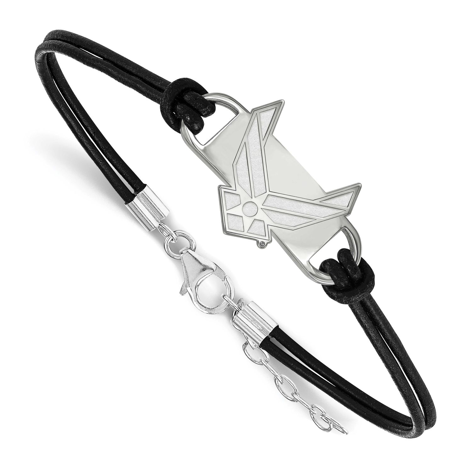 U.S. Air Force Small Center Black Leather 7 Inch Bracelet with Extender Sterling Silver Rhodium-pla…