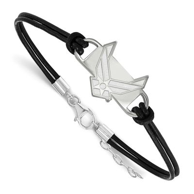 U.S. Air Force Small Center Black Leather 7 Inch Bracelet with Extender Sterling Silver Rhodium-pla…