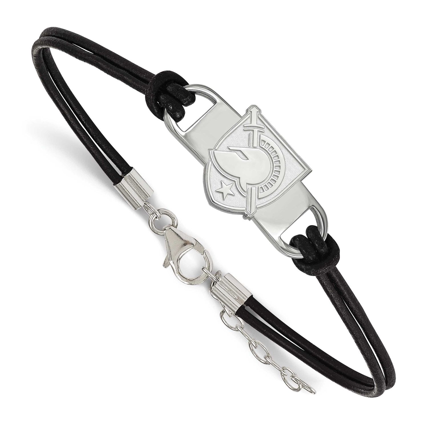 U.S. Military Academy Letter A Small Center Black Leather 7 Inch Bracelet with Extender Sterling Si…