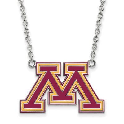 University of Minnesota Letter M Large Enameled Pendant 18 Inch Necklace Sterling Silver Rhodium-pl…