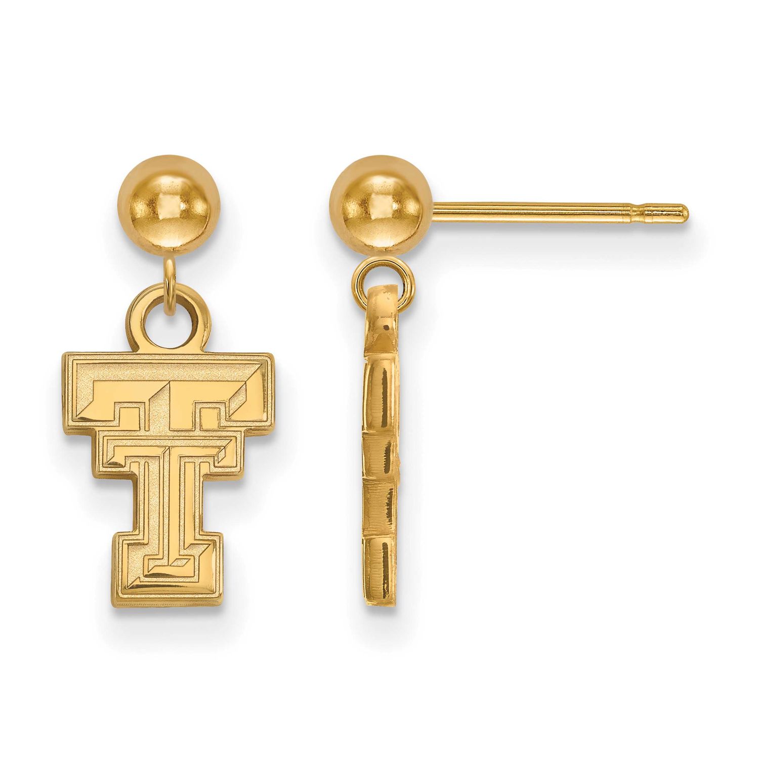 Texas Tech University T-T Dangle Ball Post Earrings Gold-plated Sterling Silver GP010TXT, UPC: 8867…