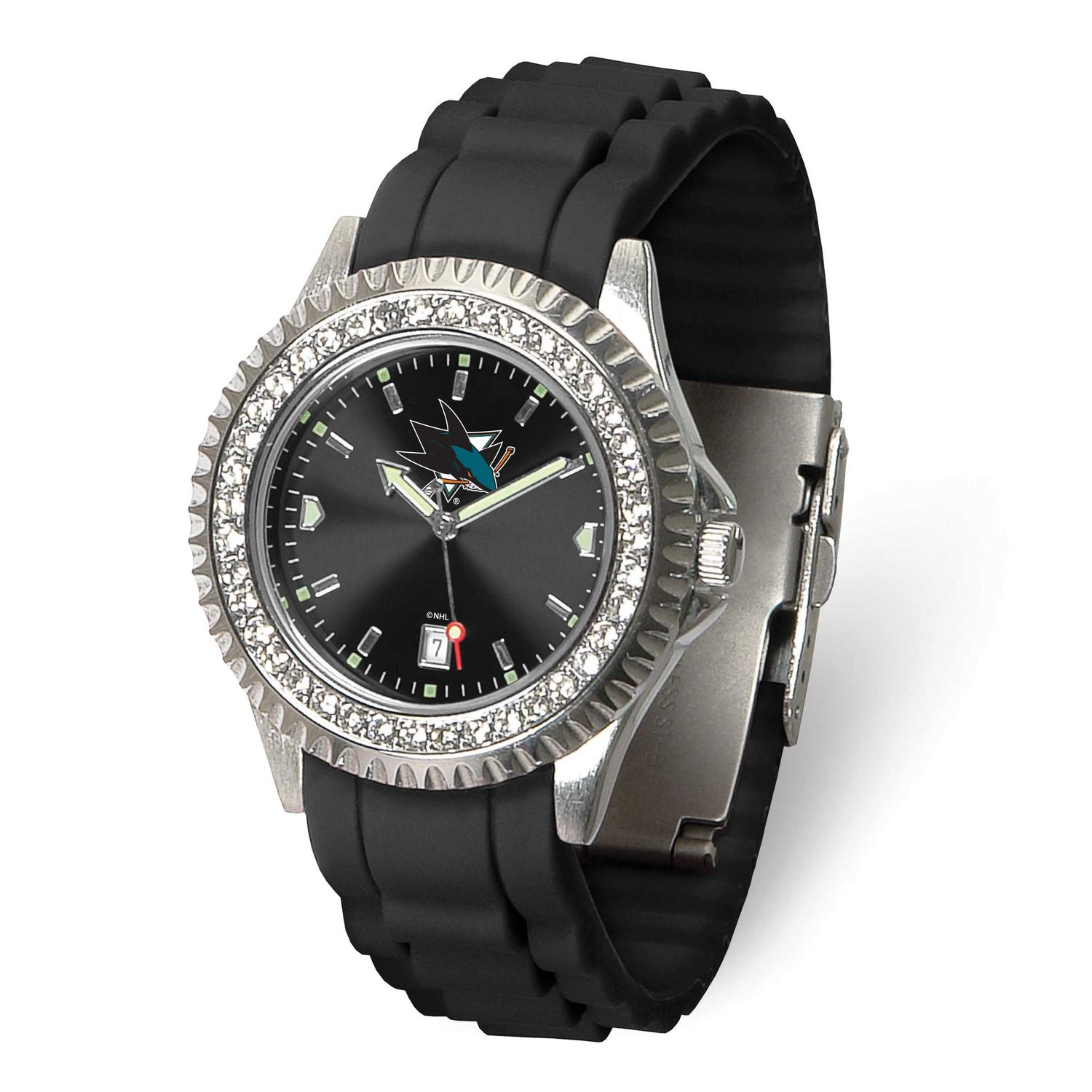 NHL San Jose Sharks Ladies Sparkle Crystal Bezel Silicone Strap Quartz Watch with Date Gametime XWL…